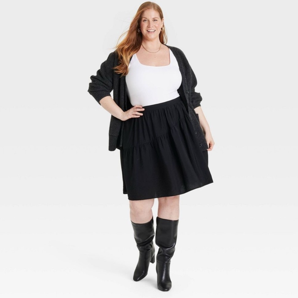 Ava & Viv Women's Black High-Rise Ruched Knit Slit A-Line Skirt - Size 3X